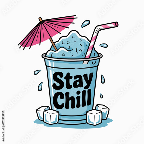 Refreshing blue slushy drink with a pink umbrella and striped straw surrounded by ice cubes and water droplets with the text stay chill