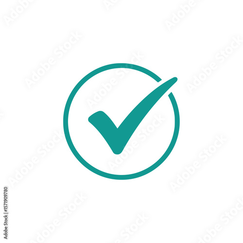 A teal check mark inside a circle isolated on white background signifies approval and validation