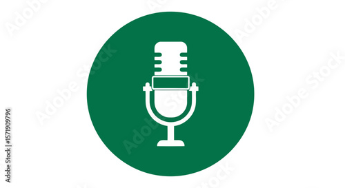 A white microphone on a green circle isolated on white background represents audio recording and broadcasting
