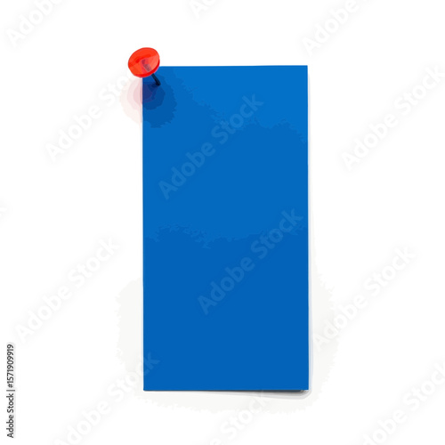 A blue note is pinned with a red pushpin, isolated on white background, as a reminder or message