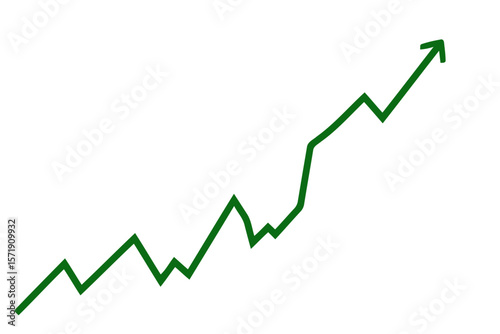 A green arrow with a zigzag pattern pointing upwards, isolated on white background, indicating growth and positive trend
