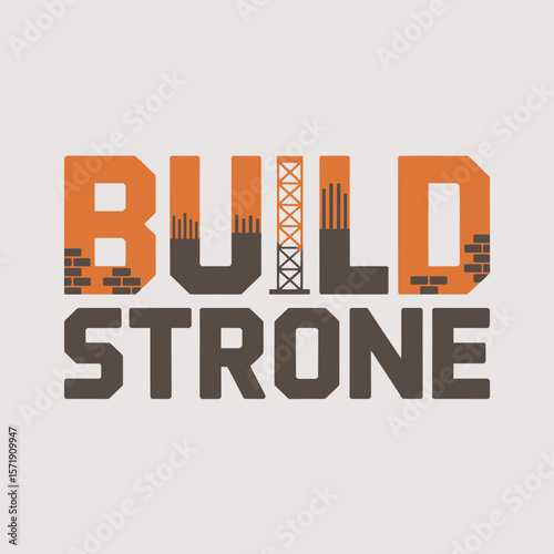 Build strong typography with construction elements like bricks and a crane integrated into the letters representing strength and development