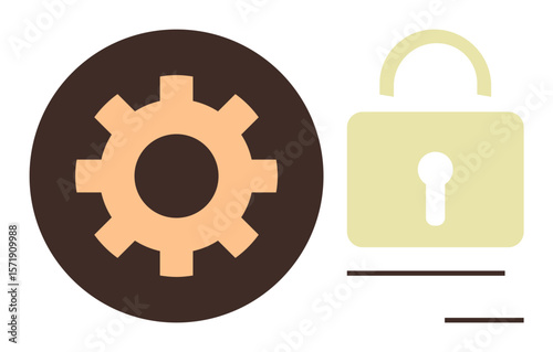 Brown gear beside yellow lock conveys security, privacy, system optimization, and data protection. Ideal for cybersecurity, software, settings, encryption, IT systems and safe access concepts