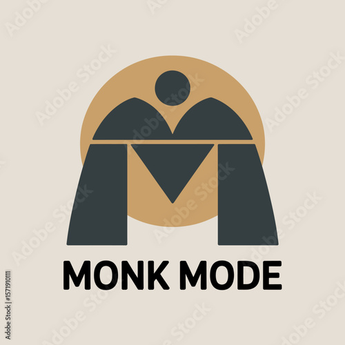 Abstract geometric logo design featuring a stylized monk figure with a sun or halo in warm earthy tones and the text monk mode below