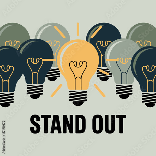 A single bright yellow light bulb stands out from a group of muted dark blue and green light bulbs symbolizing individuality and standing out from the crowd