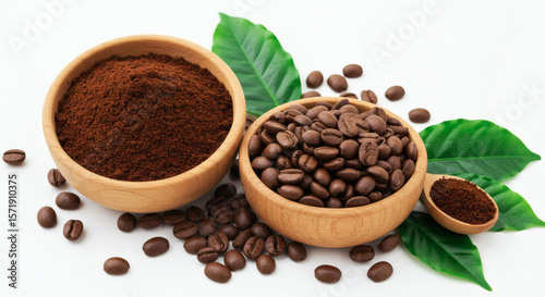 Bowl of ground coffee and beans isolated on white background, top view 05