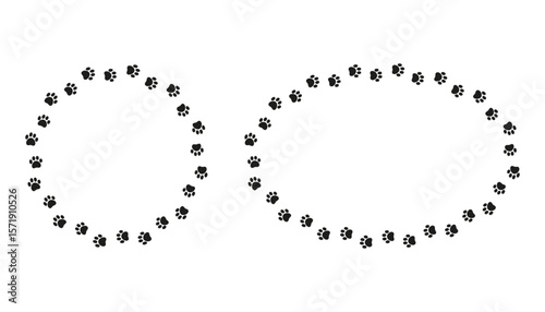 Round frame made of animal paw prints silhouette. Cute dog paw print trail border set. Perfect for pet-themed designs, invitations, and decorations. Vector illustration with charming style.