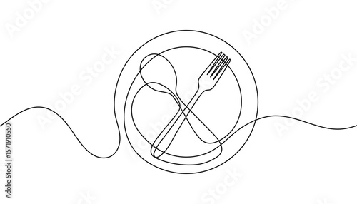 Knife and fork crossed on a plate. Continuous one line drawing. Minimalist food and restaurant concept. Simple black outline isolated on white. Vector illustration.