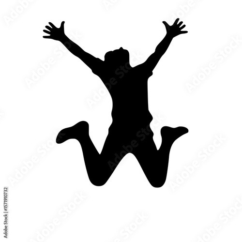 Jumping person icon, black filled, arms raised, bent legs, abstract silhouette, minimal clipart