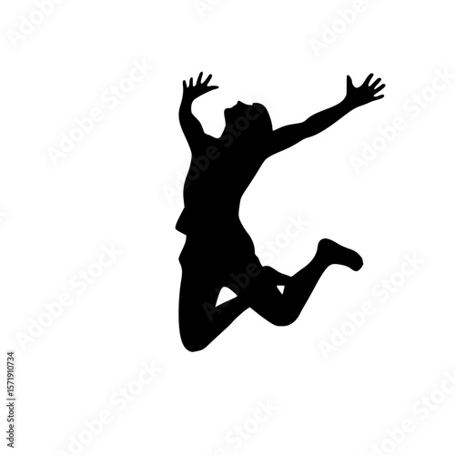 Jumping person icon, black filled, arms raised, bent legs, abstract silhouette, minimal clipart