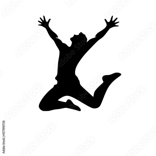 Jumping person icon, black filled, arms raised, bent legs, abstract silhouette, minimal clipart
