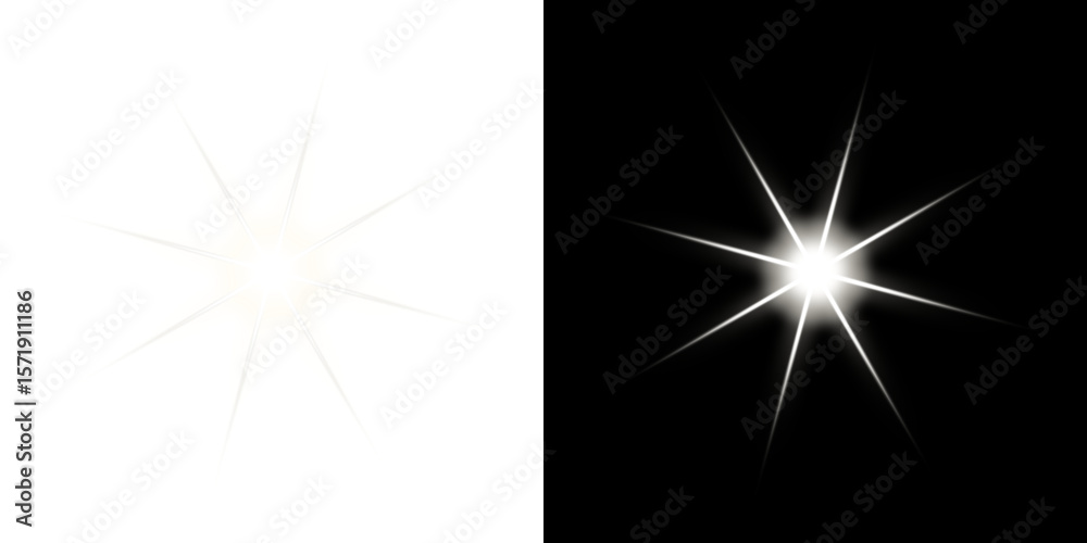 Obraz premium Eight-point star light effects on transparent and black background