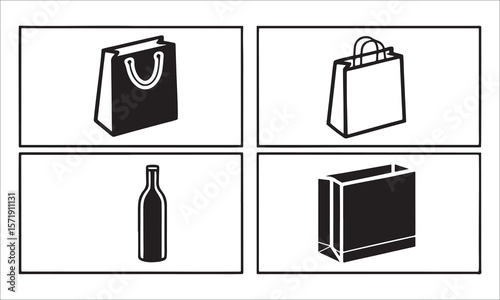 Shopping bags and bottle icons paper bag container