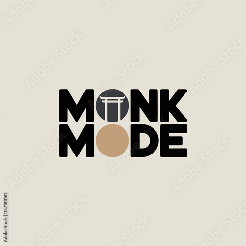 Modern minimalist logo design featuring the word monk mode with a stylized japanese torii gate and a simple circle in a neutral color palette