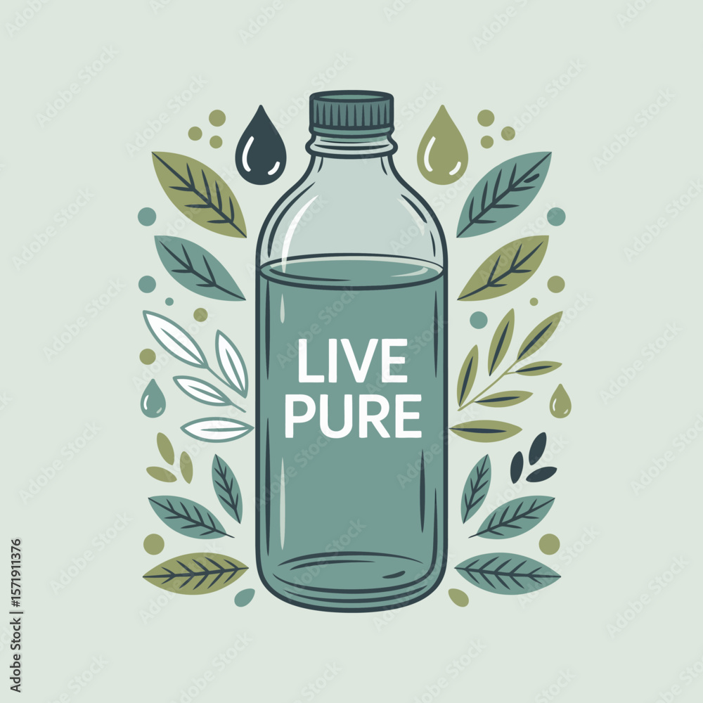 Fototapeta premium A stylized illustration of a glass bottle filled with clear liquid featuring the words live pure surrounded by decorative leaves and water droplets