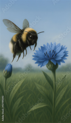 A bumblebee hovers near a cornflower, ready to pollinate — a symbol of care, balance, and quiet strength. Represents spring, harmony, and the vital energy that sustains natural life.

