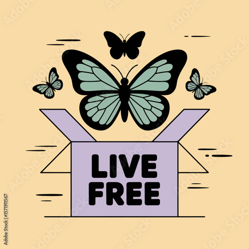 Butterflies emerge from an open box with the words live free symbolizing freedom and escape from confinement