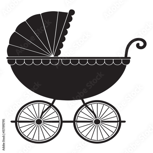 Classic black silhouette of a vintage baby carriage with a canopy and wheels