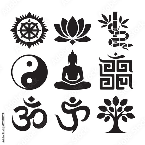 Collection of nine black spiritual and cultural symbols on a white background