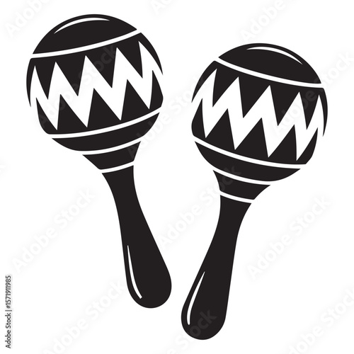 Pair of black silhouette maracas with white jagged pattern decoration