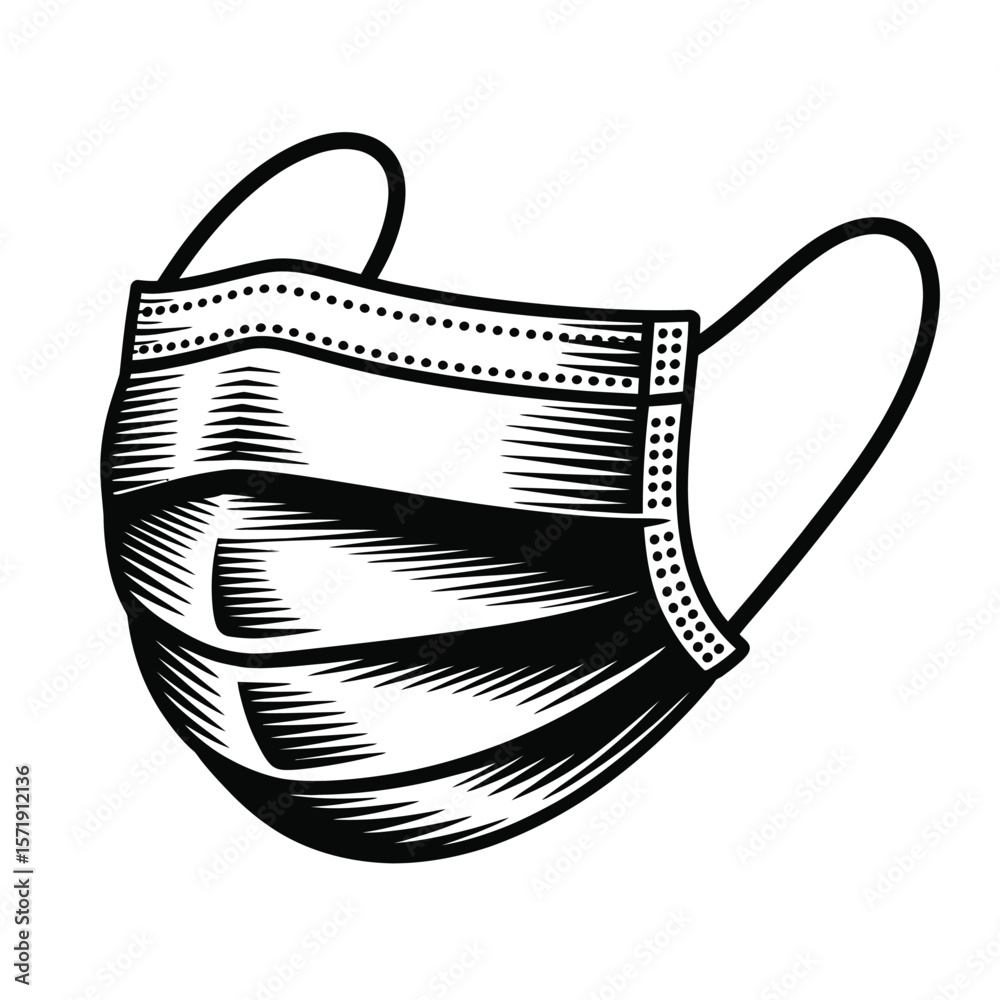 Black and white illustration of a medical face mask with ear loops Black and white illustration of a medical face mask with ear loops