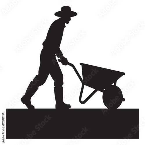 Silhouette of a farmer wearing a hat and boots pushing a wheelbarrow