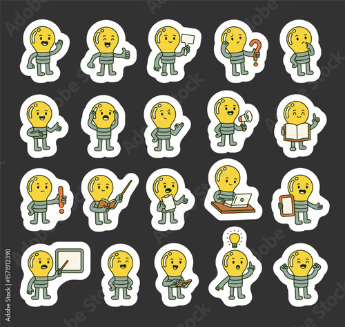 Light bulb guide character set showing helpful ideas, emotional reactions, various hand signs and educational tools in different learning situations for yours designs projects