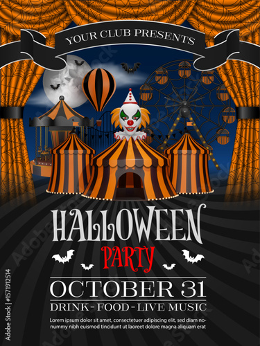 halloween party poster with evil clown and funfair. halloween celebration flyer with amusement park and scary clown