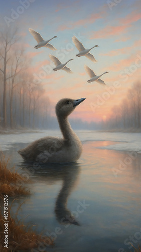 A lonely duckling watches migrating swans at dawn — a symbol of longing, transformation, and the search for belonging. Evokes growth, silence, and the ache of waiting for your moment.

