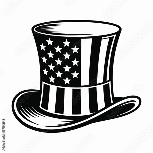 Stylized black and white uncle sam top hat with american flag design