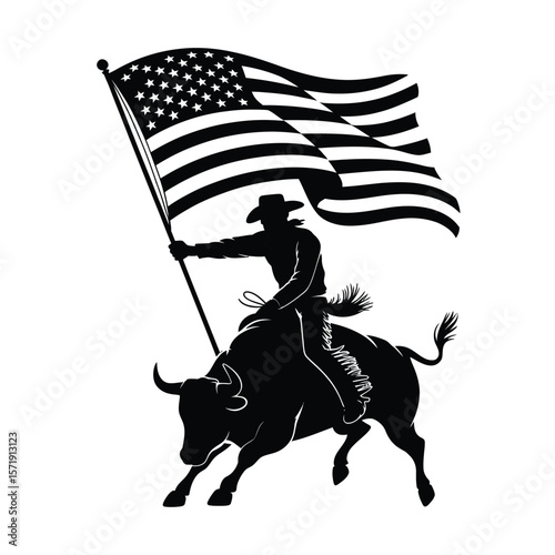 Silhouette of a cowboy riding a bull while holding the american flag