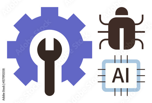 Gear with wrench, debugging bug, AI processor representing artificial intelligence maintenance, troubleshooting, and software development. Ideal for AI, tech repair, coding, debugging innovation