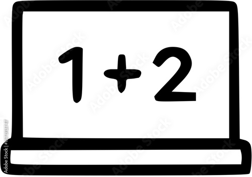Math Education Icon: Simple illustration of "1 + 2" written on a laptop, showcasing the core of mathematics and the concept of education. 