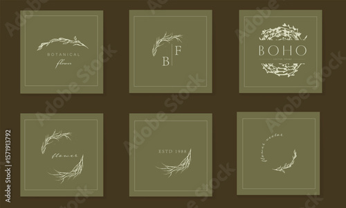 Set of elegant floral logo elements. Borders and dividers, frame corners and branch. Boho Hand drawn line wedding herb, leaves for invitation save the date card. Botanical rustic trendy greenery