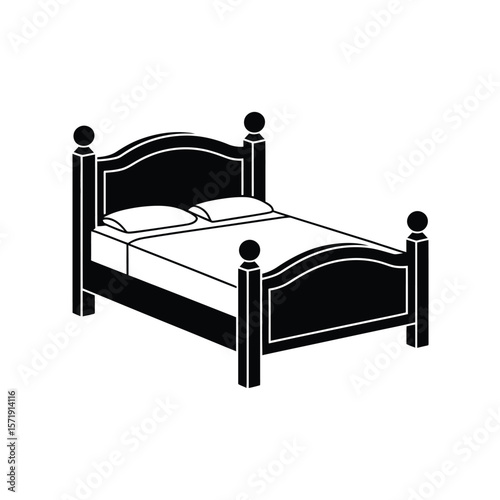 Black and white silhouette of a classic wooden bed with pillows and bedding