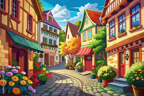 vector of A charming European street with bright cobblestones and colorful flowers. A quiet and quiet street.