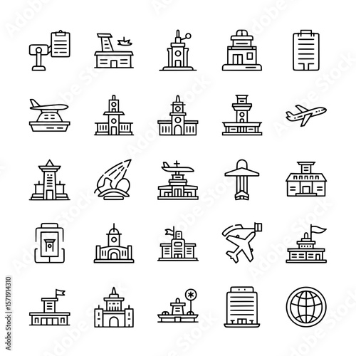 Collection of airport, airplane, and aviation-related outline icons, representing travel, logistics, and global transport.