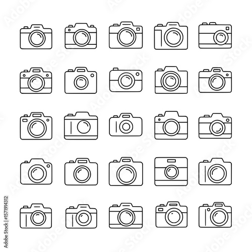 Collection of various camera outline icons, perfect for photography, media, technology, and creative concepts.