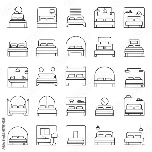 Collection of minimalist bed and bedroom furniture outline icons, perfect for home decor, hotel, and interior design concepts.