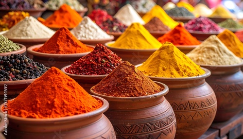 Fototapeta Naklejka Na Ścianę i Meble -  Colorful spice jars overflowing with vibrant powders