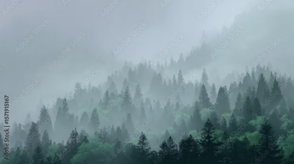 Naklejka premium Fog hangs heavy over the forest, obscuring the mountain landscape