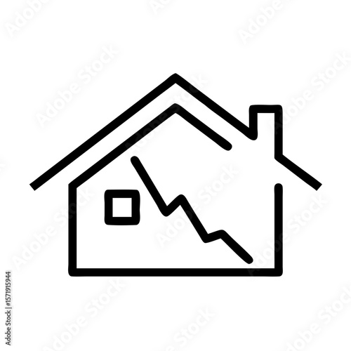 A minimalist vector illustration of a residential building featuring a significant internal crack, representing economic downturn or property market instability.