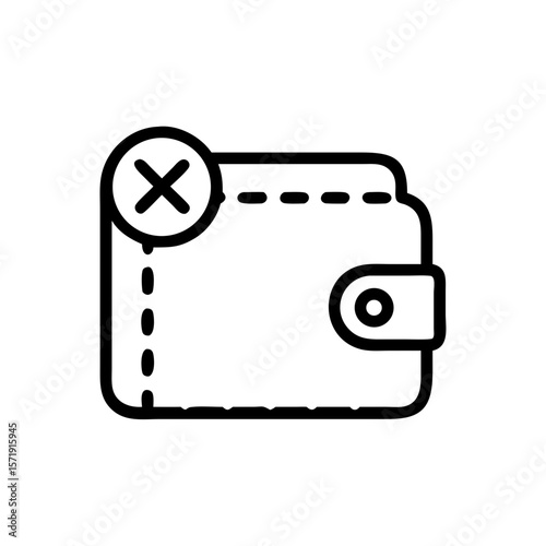 An essential black and white icon shows a wallet with an 'X' symbol, conveying concepts of financial loss, declined payments, or economic hardship.