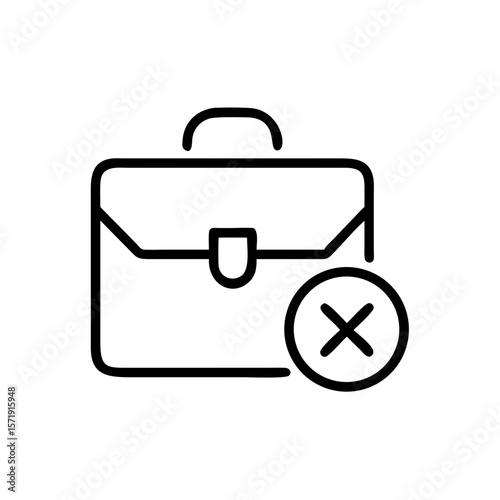 This minimalist line icon depicts a briefcase with a cross mark, symbolizing job denial, unemployment, or the unavailability of work opportunities.