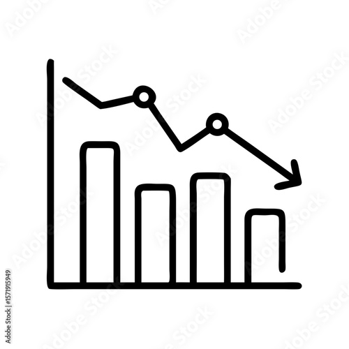 A minimalist black and white icon visually represents a bar chart with a downward trend line, symbolizing economic decline, market recession, or financial loss.