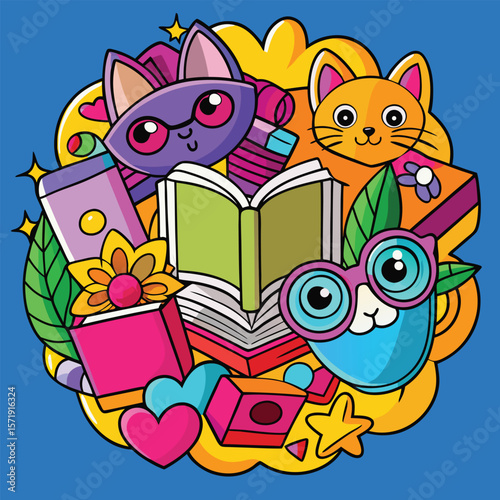 Vibrant Cartoon Cats, Books, Flowers & Geometric Shapes Collage