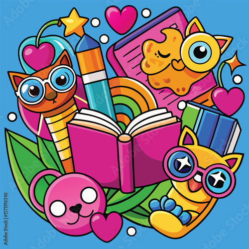 Vibrant Collage of Cats, Books, and Stationery A Whimsical Illustration