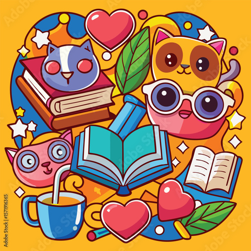Cute Cartoon Cats, Books, Hearts, and Coffee A Vibrant Collage