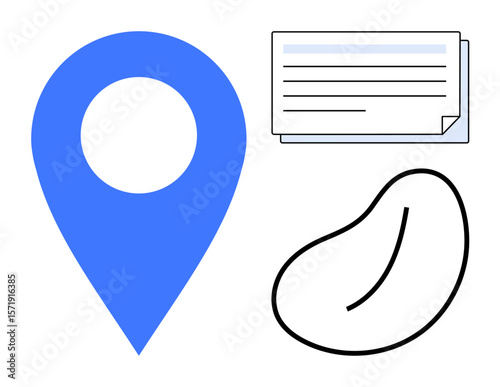 Blue pin marker, layered document, and black bean outline. Ideal for themes thumbs up navigation, data organization, document management, shape design, location tracking, abstract geometry simple