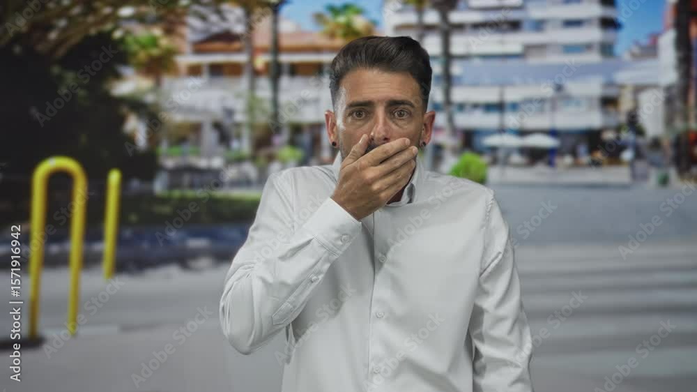 Hispanic man wearing white shirt covers mouth with hand on pedestrian crossing of busy urban city street; surprise. Hispanic man wearing white shirt covers mouth with hand on pedestrian crossing of busy urban city street; surprise.